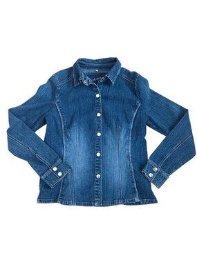 Point Zero Denim Shirt Womens Small Button Up Long Sleeve Nicole Benisti